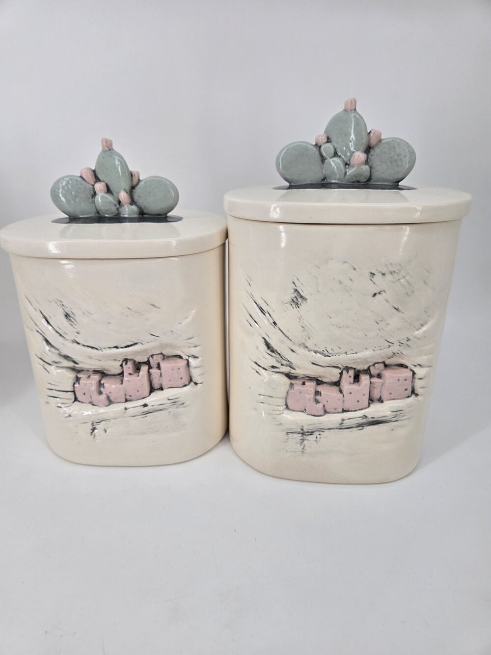 2 Vintage Southwest Cactus Pueblo Adobe Lidded Ceramic Canisters 9 Inch /10 Inch